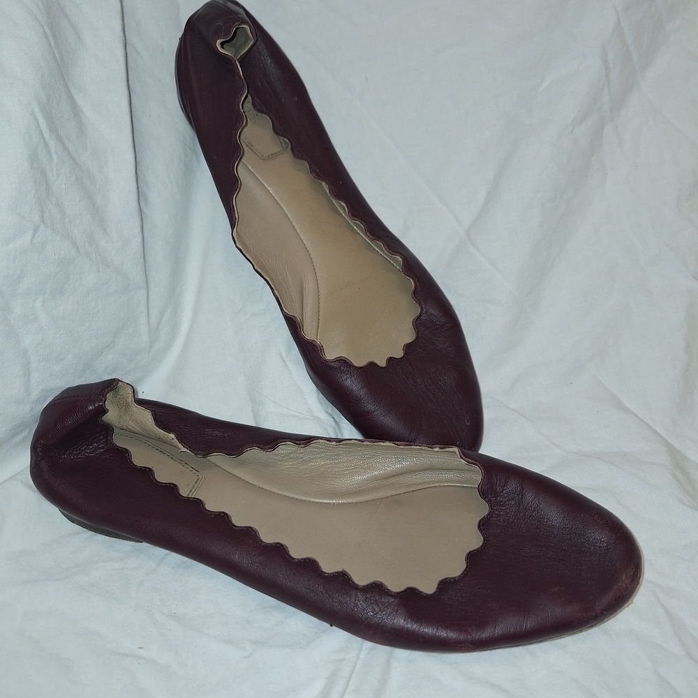 Chloe Burgundy Bordeaux Scalloped Leather Lauren Ballet Flats Size 39.5/US 9